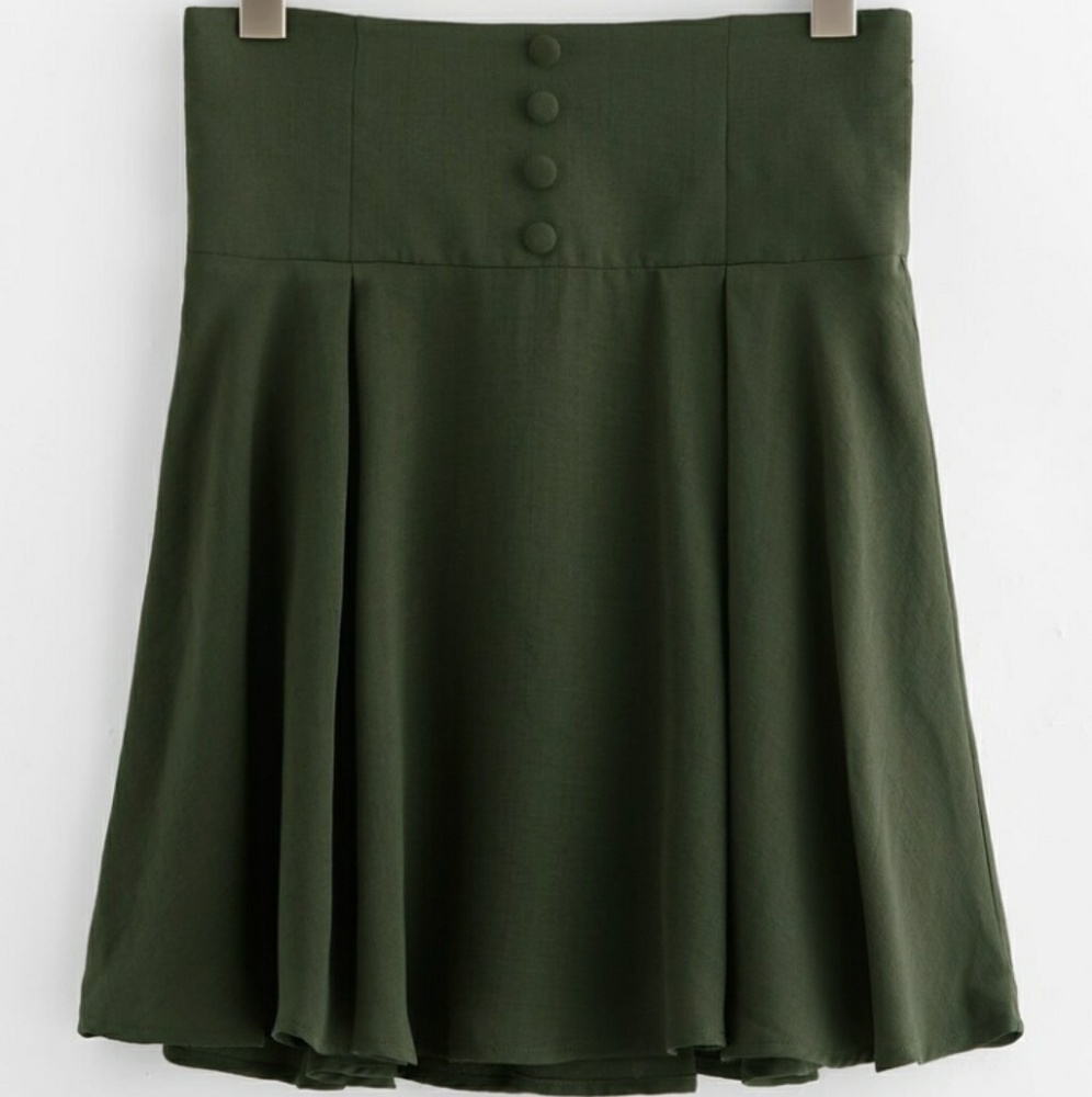 Buttoned Wide Waistband Swing Skirt